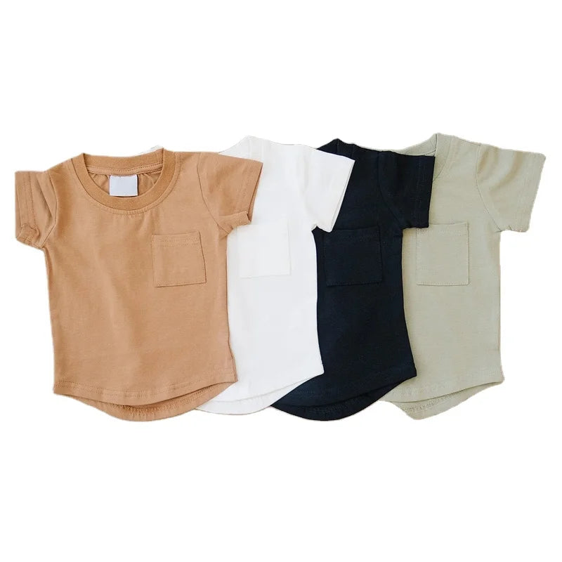 Boys Tshirts Short Sleeve Solid T Shirt Kids Tops With Pocket Summer Boys Tshirts Organic Cotton Kids Tees Children Clothes