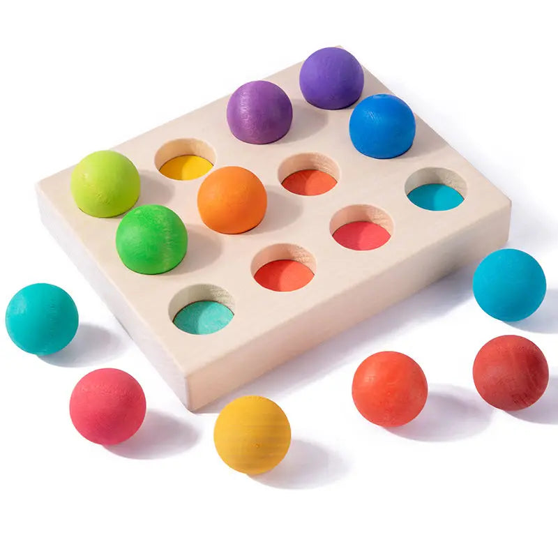 Wooden Rainbow Balls Toys Montessori Materials Natural Round Balls With Tray Color Sorting Educational Toys for Children