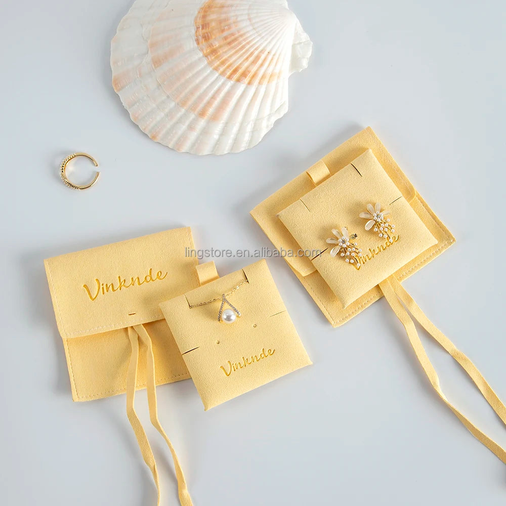 Yellow Personalized Jewelry Bags with logo Luxury Microfiber Gift Packaging Jewellery Pouch Earring Necklace with Insert Pad