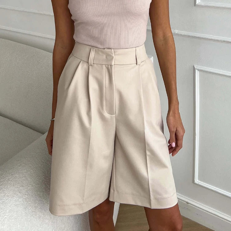 Enyami Customization Summer Fashion Lady Office Ladies Breathable Solid High Waist Loose Pleated Bermuda Suit Shorts