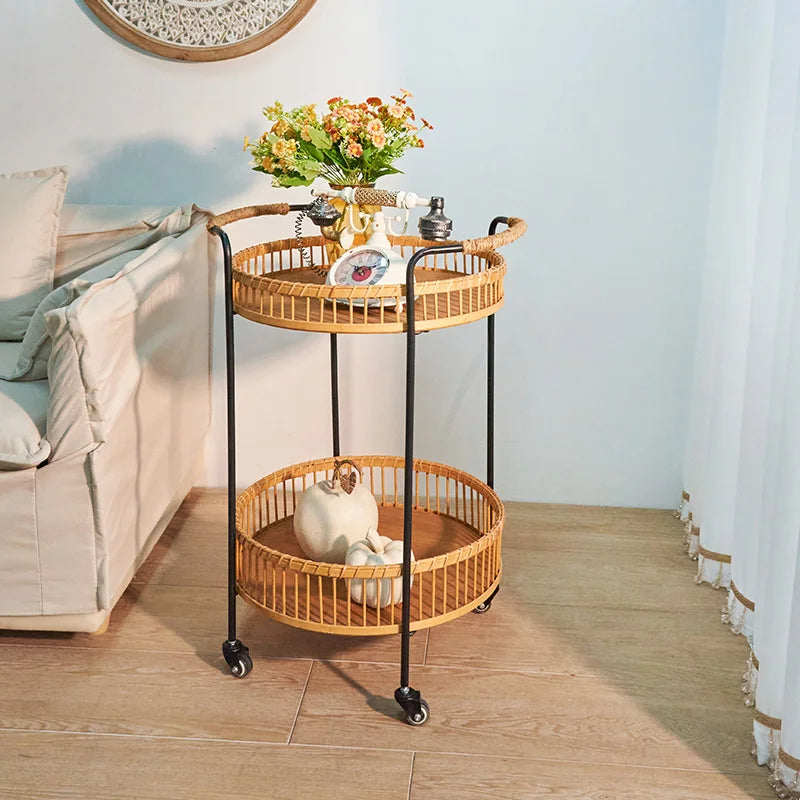 Hotel Storage Side Serving Table Bamboo Rattan Wood Top Classic Black Iron Metal Frame 2 Tier Japanese Design Bar Cart Trolley