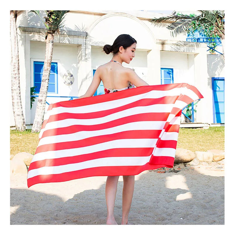 Personalized Custom Printed Huge Double Size Micro Fibre Sand Free Microfiber Stripe Beach Towel With Pocket for Adult