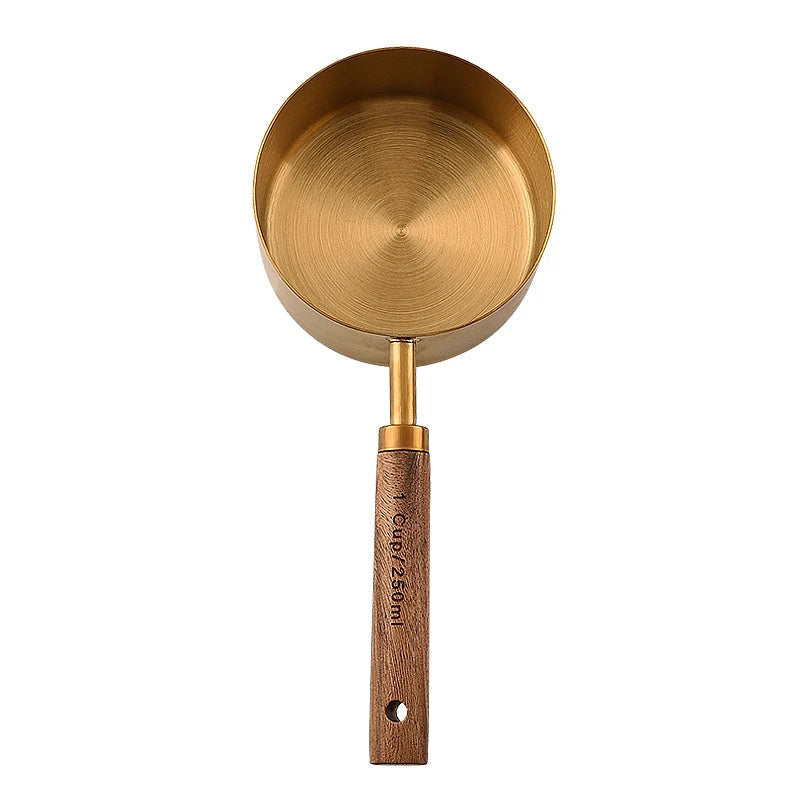 2022 Wholesale Stainless Steel Measuring Spoons and Cups Set Gold Color with Food Safe Wooden Handles Durable Metal Measures