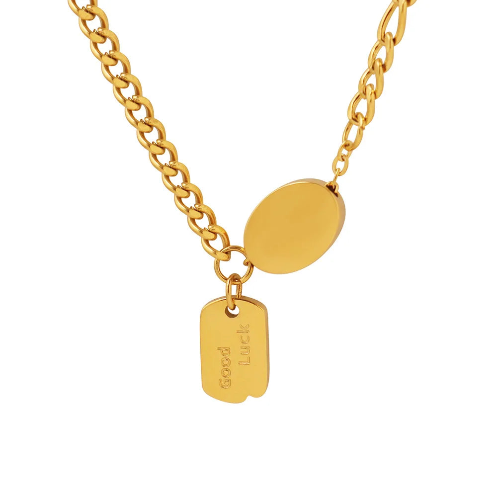 New 18K Gold Plated Stainless Steel Good Luck Letter Pendant Necklace Cuban Chain for Women Girls
