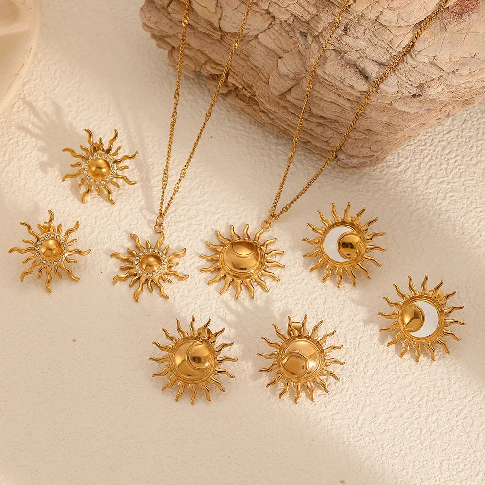 Dainty Zircon Sun Moon Necklace Earring Charms Pendant Set 18K Gold Plated Tarnish Free Stainless Steel Waterproof Jewelry