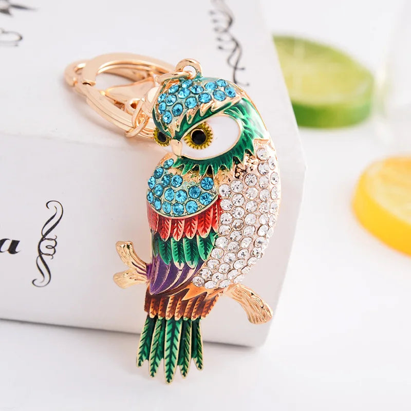 New Colorful 3D Crystal Oil Dripping Owl Keychain Ladies Bag Charm Accessories Rhinestone Enamel Bird Parrot Made of Metal