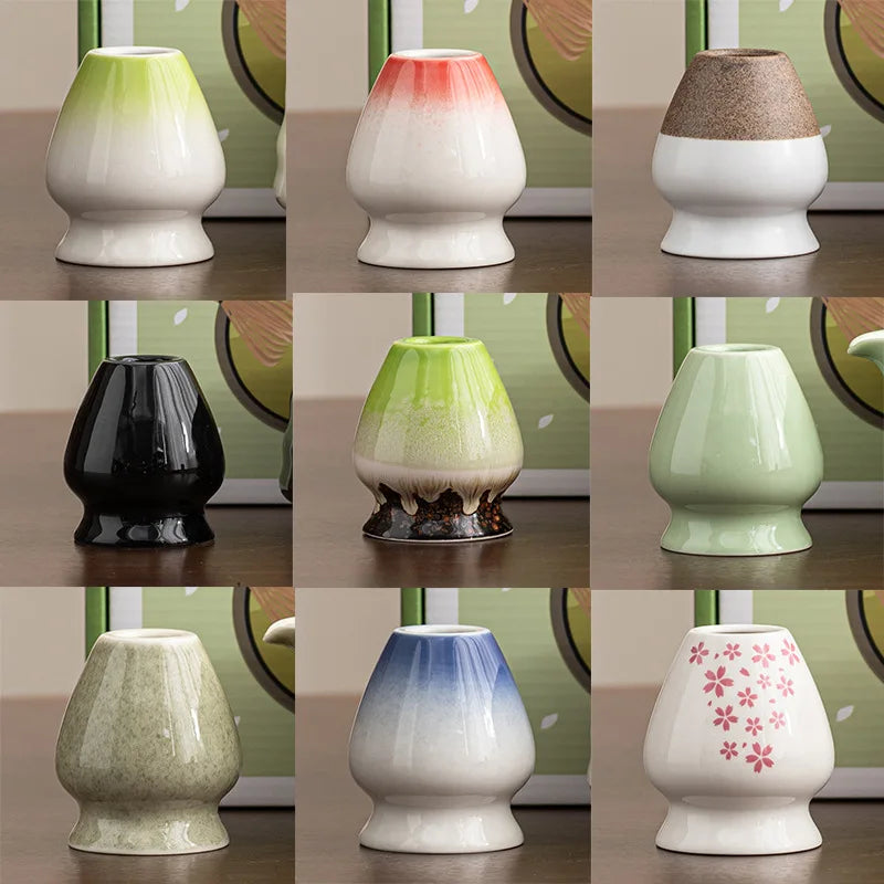 Japanese Style Ceramic Matcha Stand Flower Pattern Whisk Holder Green Tea Chasen Holder Stand for Matcha Bamboo Whisk Holder