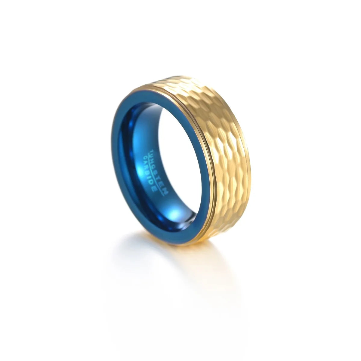 Unisex Gold Blue Tone Tungsten Steel Hammered Texture Ring Band
