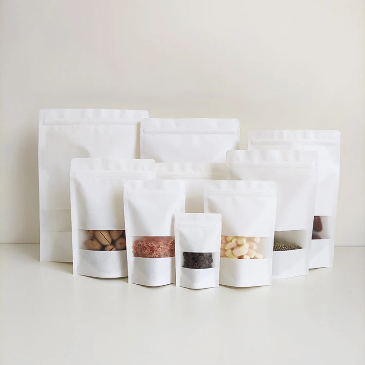 20x30cm High Quality Frosted Window Food Grade Thick White Kraft Paper Bag With Ziplock