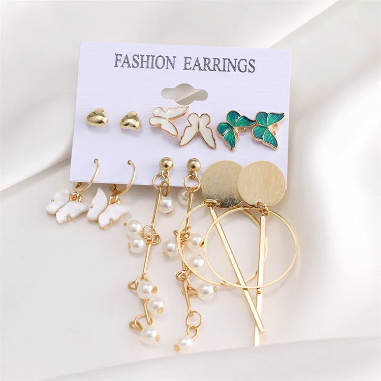 VKME Fashion Gold Hoop Earrings Set Acrylic Pearl Crystal Oversize Metal Circle Butterfly Heart Flower Punk Earring