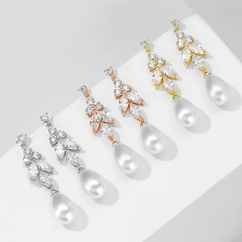 SLBRIDAL Pave Setting Fashion CZ Crystal Bridal Earring Cubic Zircon Earrings Wedding Dangle Pearls Women Girls Earring