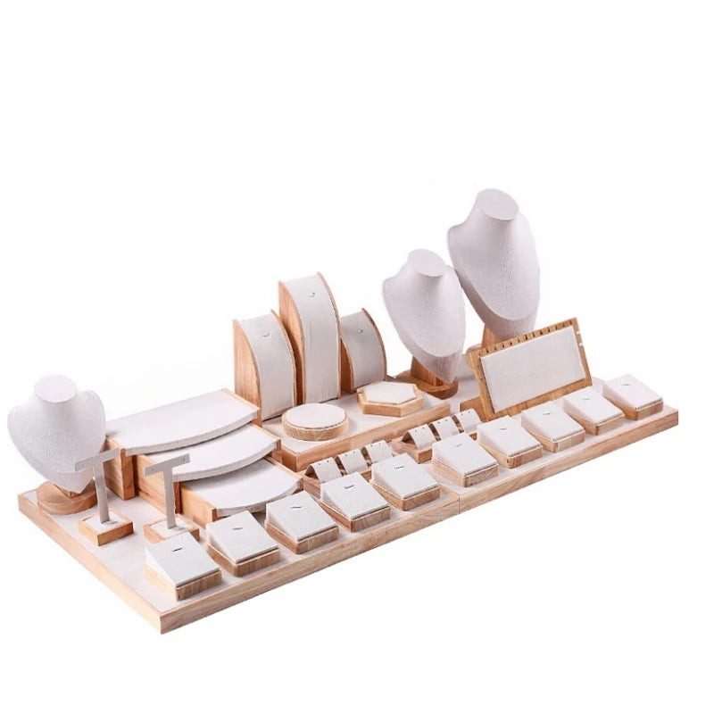 Jewelry Store Counter Wood Beige Microfiber Suede Jewelry Set Display Stand Rack
