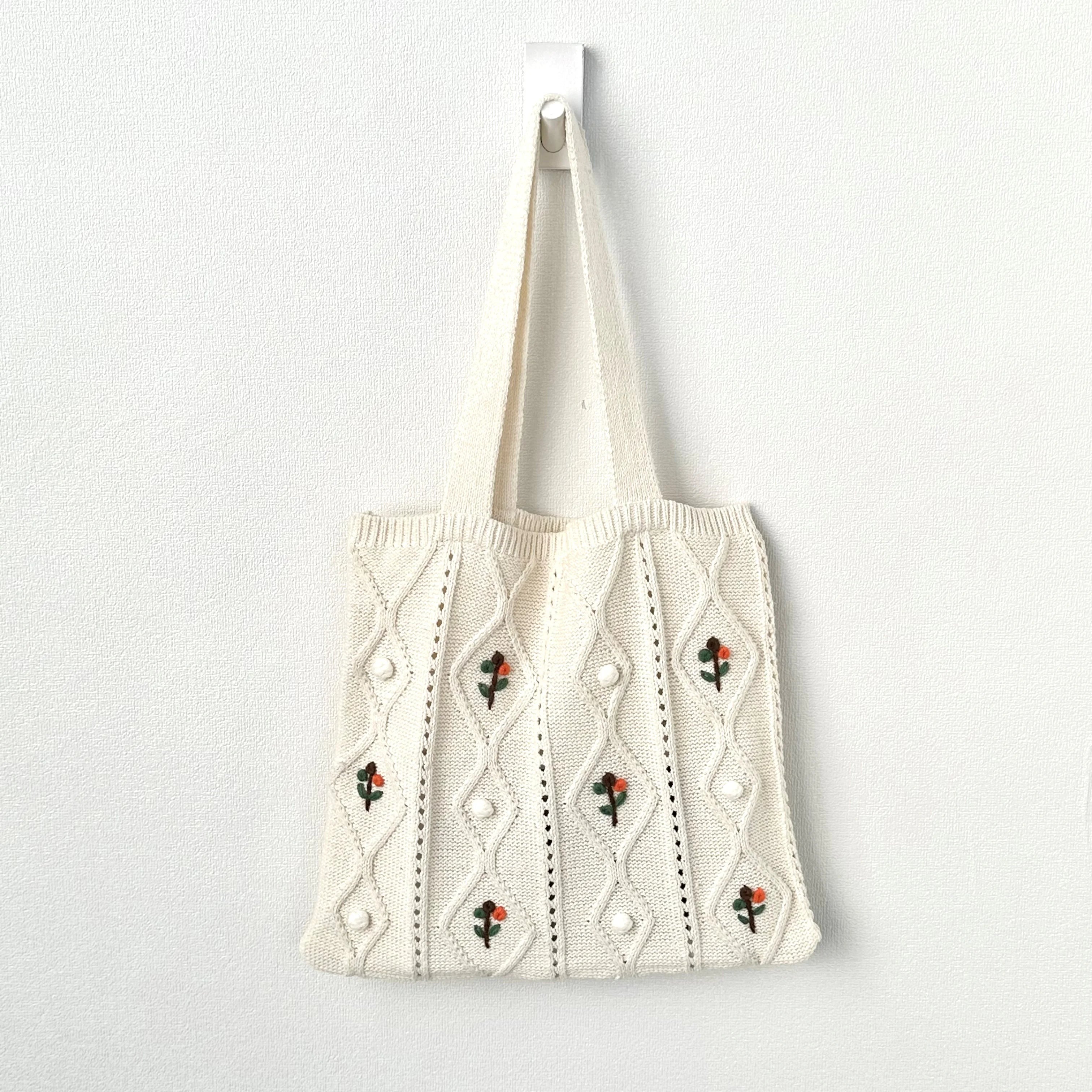 Wholesale Custom Embroidered Flower Wool Knitted Tote Bags Handmade Crochet Design for Women Open for Summer Autumn Winter