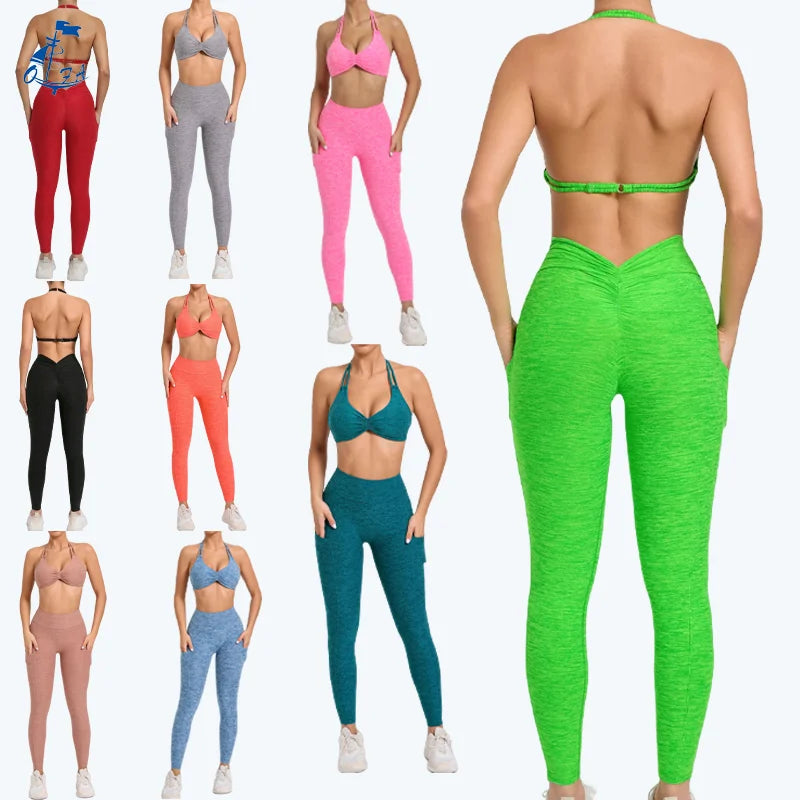 Nylon 9 Colors Women  2Pcs Halter Bra+V Waist Leggings Yoga Set Gym Fitness Sets Sportswear Workout Running Yoga Suit Activewear