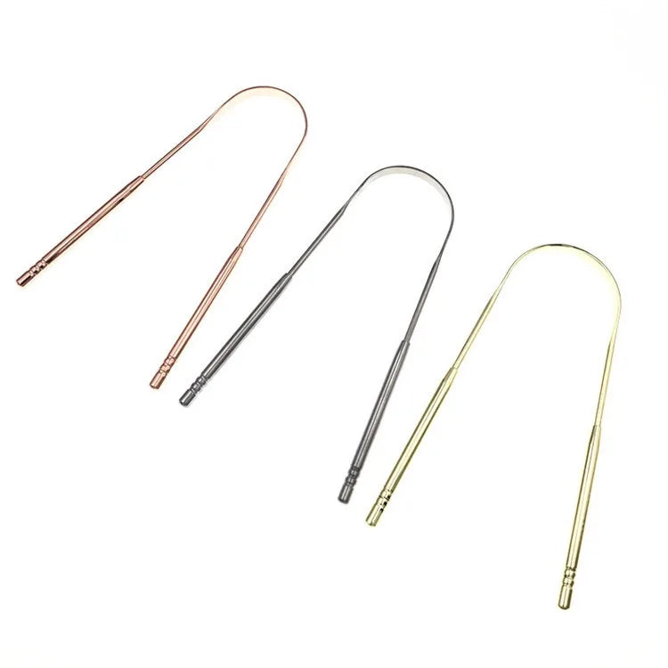Custom LOGO Private Label Silver Rose Pink Gold Reusable Flexible U-shaped Stainless Steel Dental Tool Tongue Scraper Cleaner