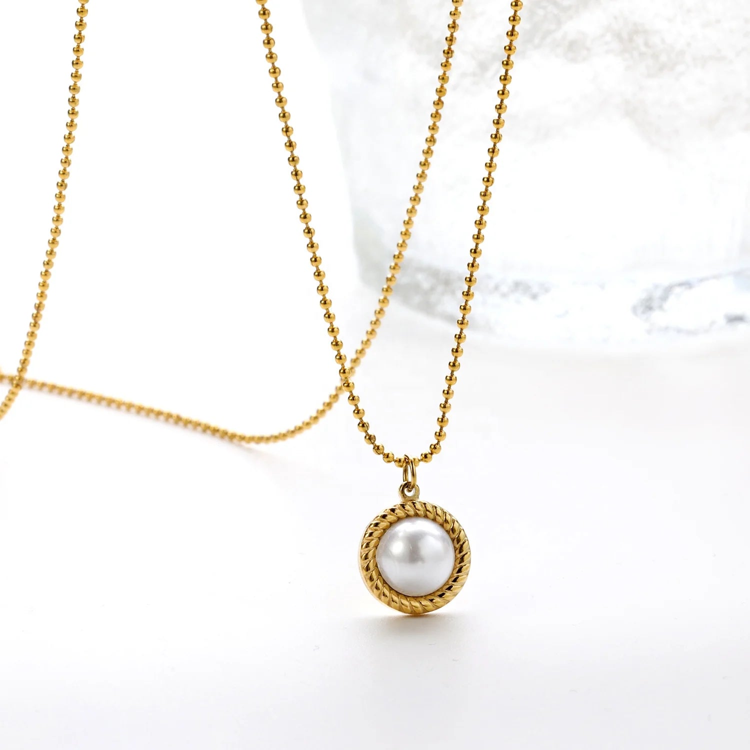 Fashion Vintage 18K Gold Plated Stainless Steel Jewelry Bead Chain Pearl Pendant Necklace for Women