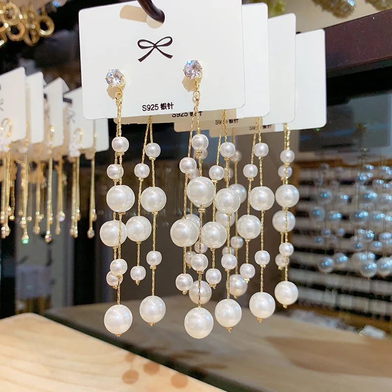 OEM Long Dangle Earrings Fashion Luxury S925 Zircon Post Simulated Pearl Tassel Drop Earrings