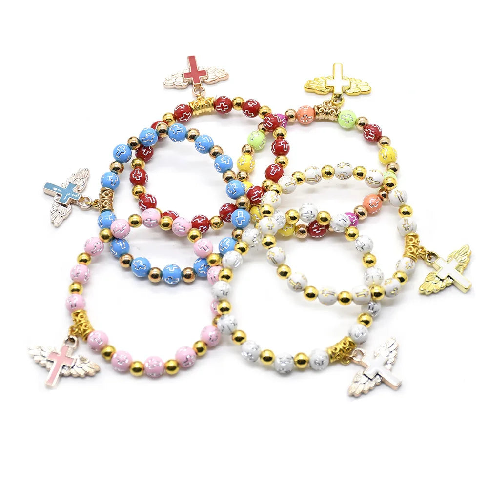 Religious Jewelry Prayer Beads Cross Angel Wings Charms Elastic Plastic Catholic Rosary Bracelet