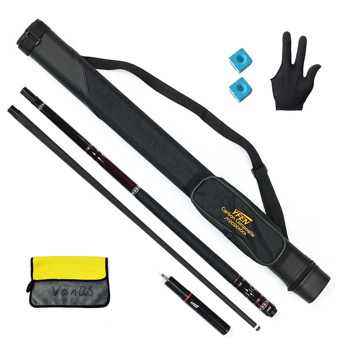 1/2 Carbon Fiber Billiard Cue Stick with Stainless Steel Joint Maple Wood Butt & YF Bag Includes Cue Cleaning Towel Set