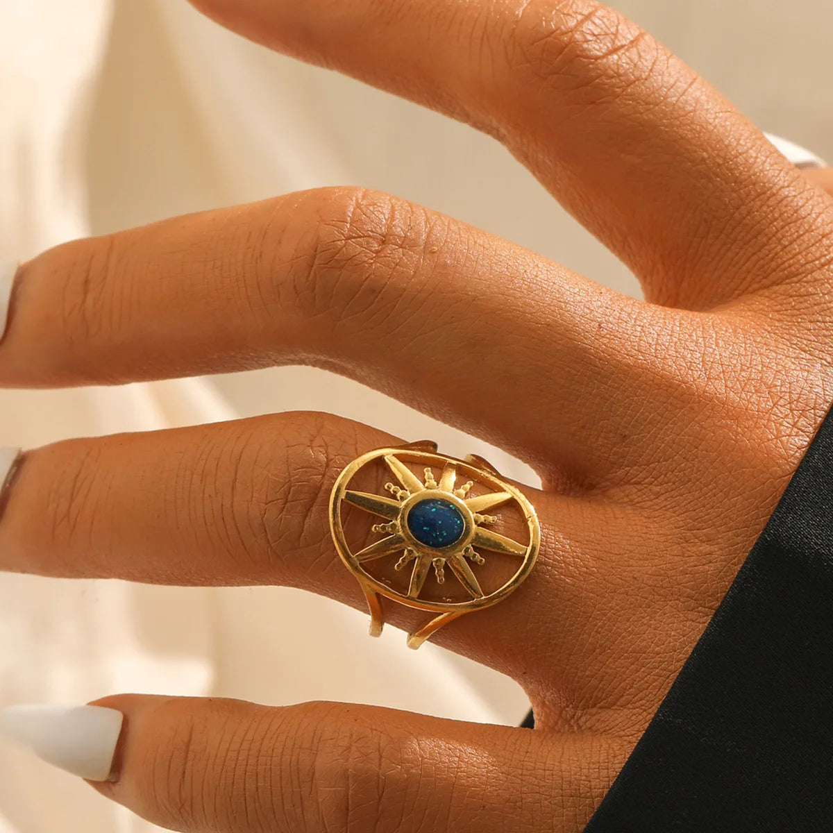 Beimai OEM Ring Fashion Hollow Sun Drop Oil 18k Gold-plated Stainless Steel Open Ring