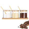 Empty 3pcs Glass Spice Jar Set With Natural Bamboo Lid and square Bottom Tray  for Herb Spice Tools Containers Spoon