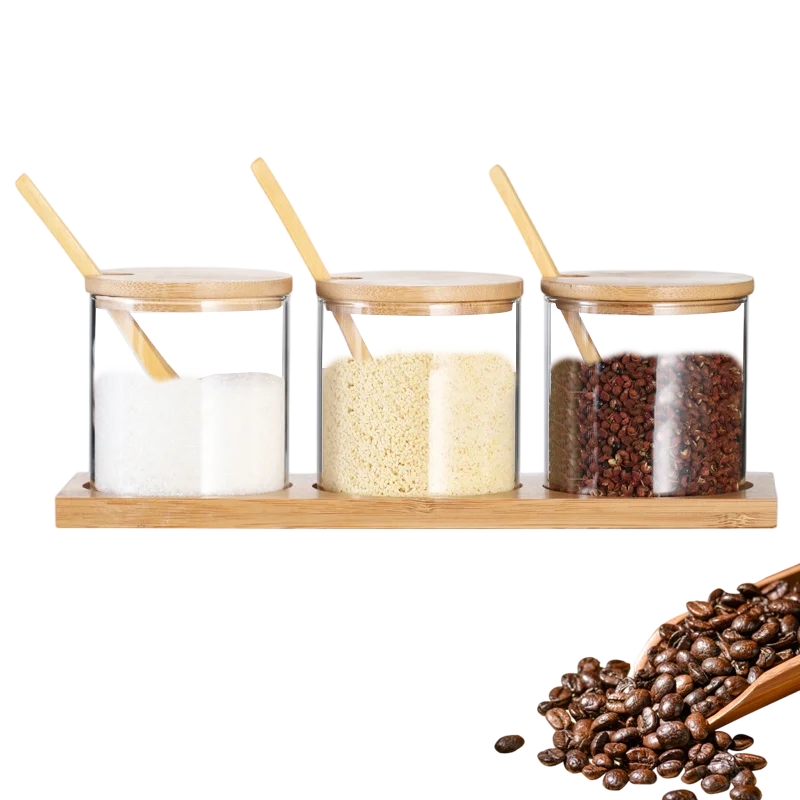 Empty 3pcs Glass Spice Jar Set With Natural Bamboo Lid and square Bottom Tray  for Herb Spice Tools Containers Spoon