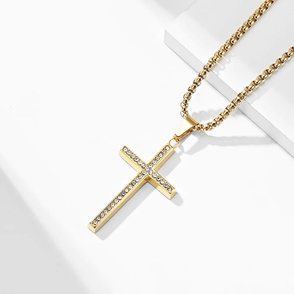 Euro-American Style Simple Diamond-Encrusted Stainless Steel Cross Necklace Bevel Niche Hip Hop Pendant Engagement Gift Men