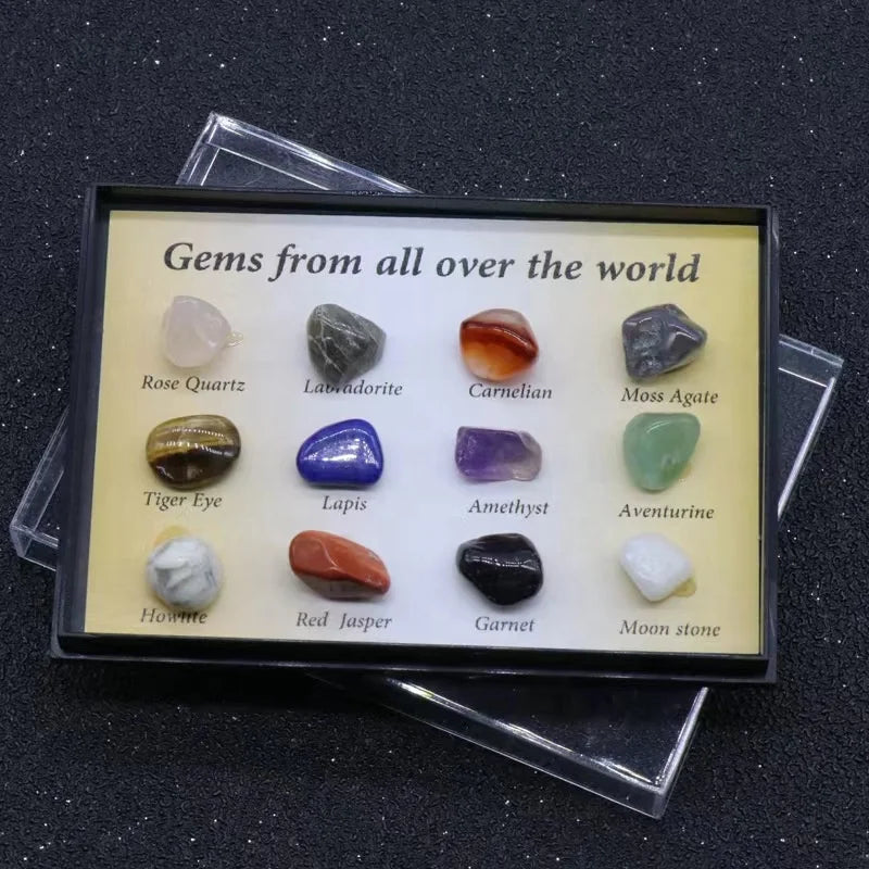12 Pcs Natural Crystal With Gift Box Tumbled Stone Rock Mineral Teaching Specimen Set Stone Crafts Stone Crafts