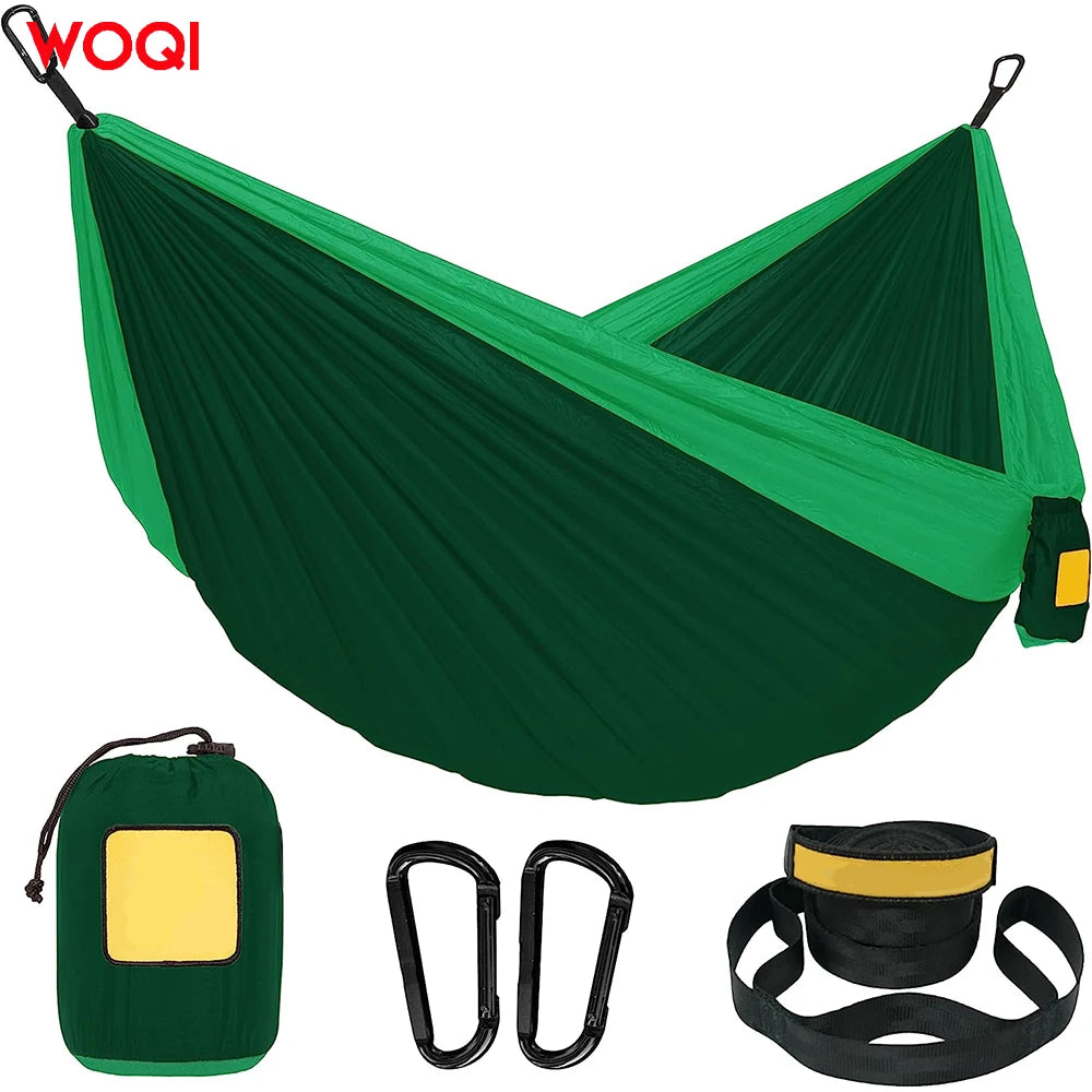WOQI Portable Foldable Single and Double Camping Nylon Hammock Camping Essentials with Tree Straps and High-quality Hooks