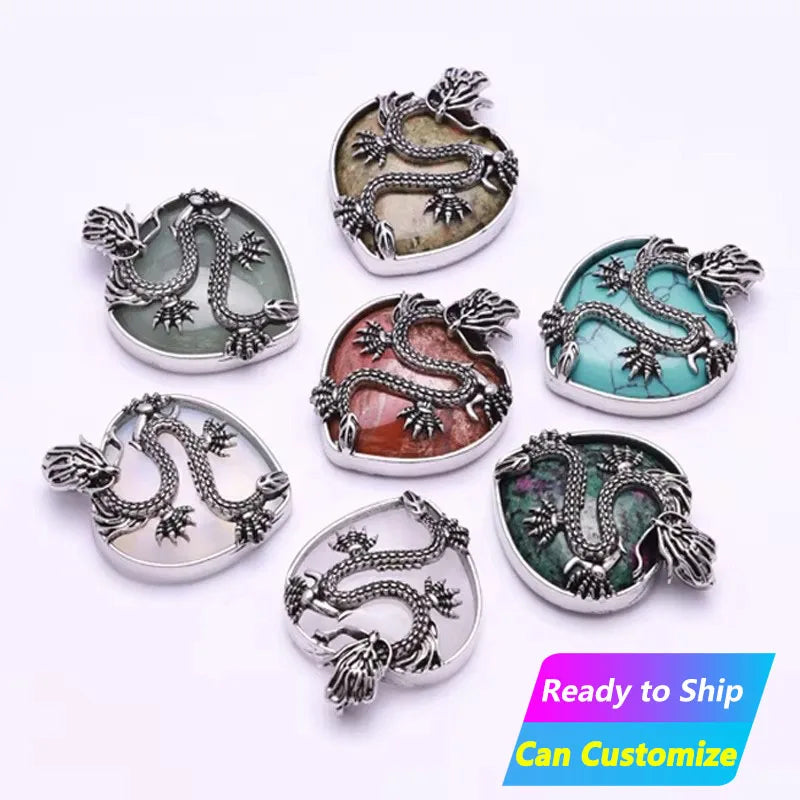 Wholesale Men's High Quality Natural Crystal Healing Stone Jewelry Quartz Heart Crystal Dragon Necklace Pendant