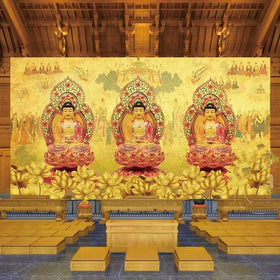 Buddha Hall Three Treasures Buddha Golden Lotus Background Mural Living Room Temple Buddhist Niche Hall Entrance Wallpaper