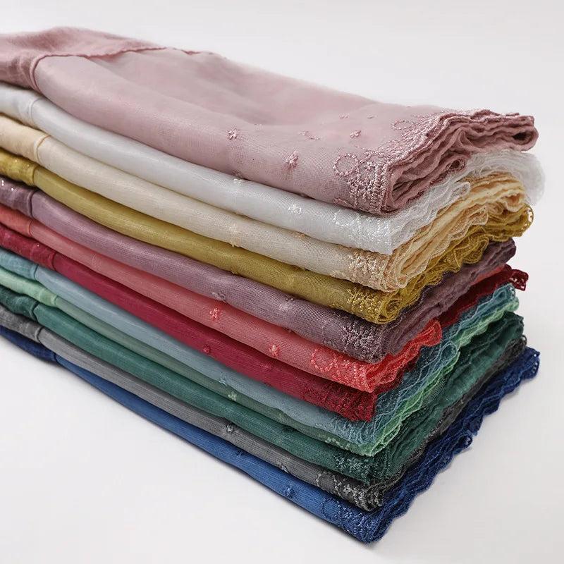 Hotsale Fashion Soft Cotton Lace Scarf Muslim Islamic Hijabs Splicing Embroidered Shawls Head Wraps Women Flowers Shinny Hijab