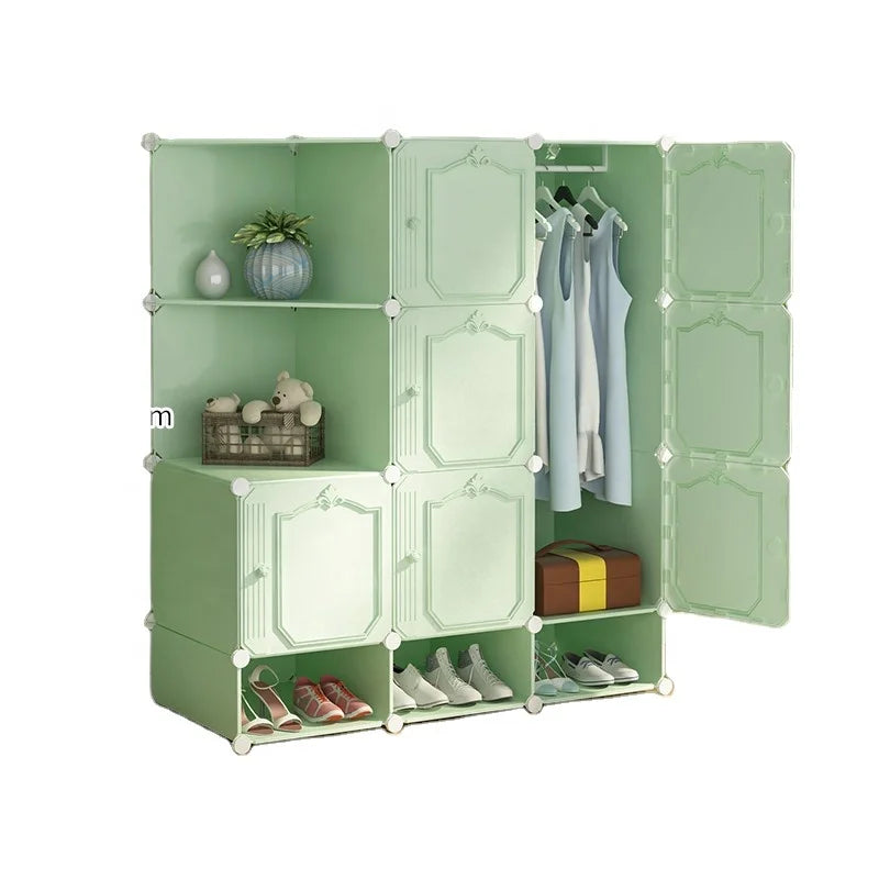 Home Furniture Big Space Plastic Layers Portable Clothes Storage CabinetGreen with White Door Plastic Wardrobe