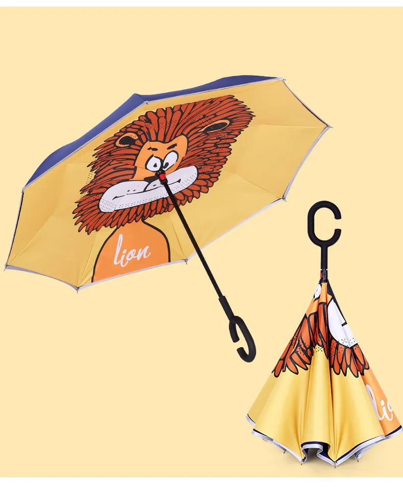 Wholesale Custom 21inch 8ribs Kids Umbrellas Cartoon Printing Straight Double Layer Wind Proof Manual All-in-1 Inverted Umbrella