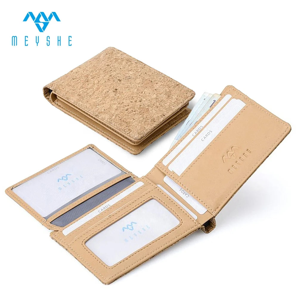 Custom Trifold Natural Cork & PU Leather RFID Blocking Eco-Friendly Fashion Men's ID Card Wallet