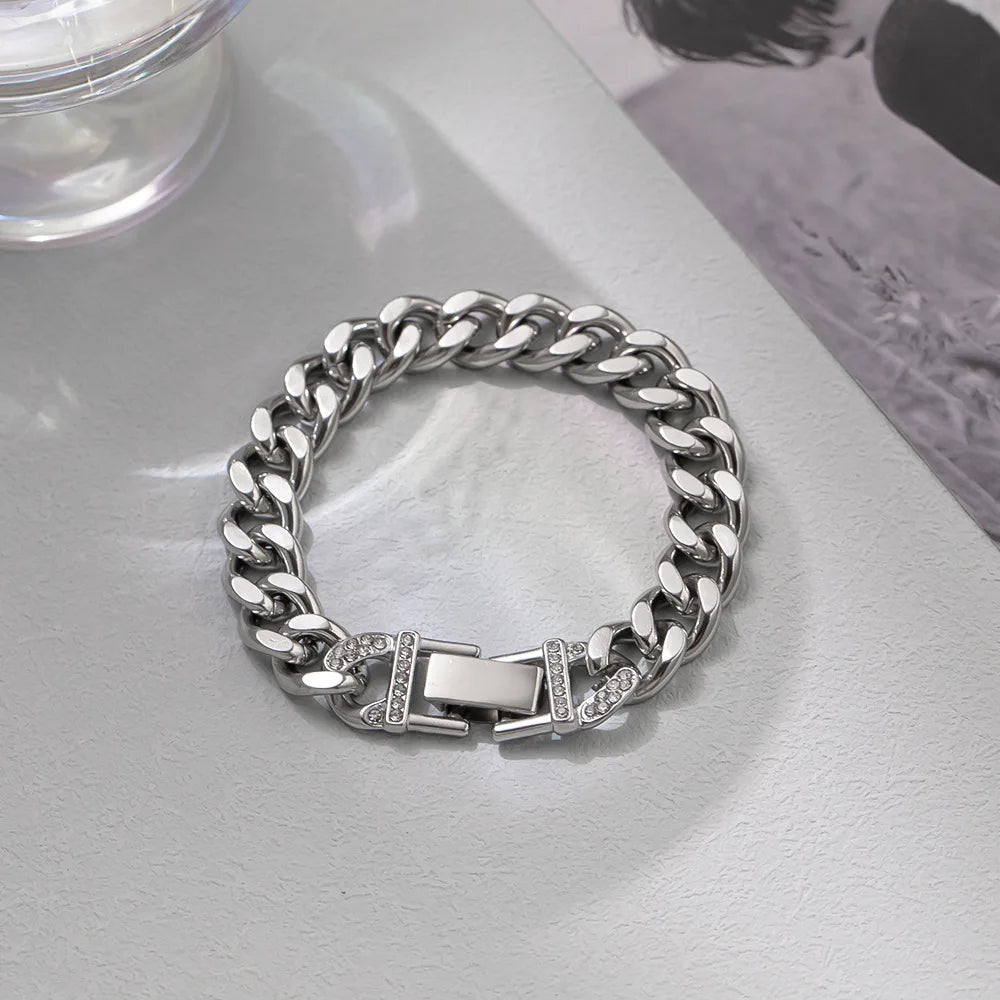 Punk No Fade Tarnish Waterproof 18cm Curb Chain Cuban Link Bracelet Women Silver Plated 316 Stainless Steel Thick Cuban Bracelet