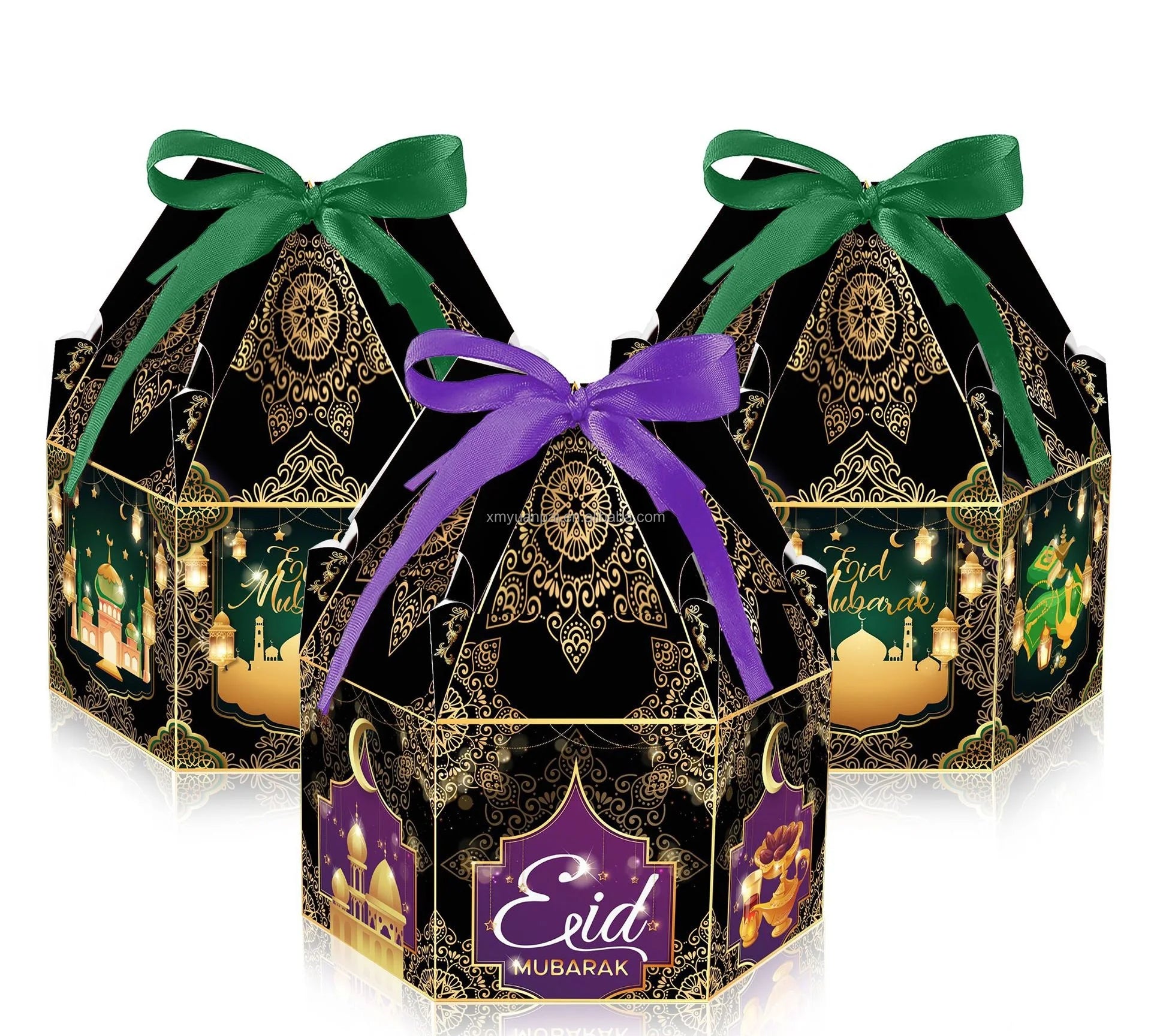 12pcs/Pack Modern Hexagon Ramadan Gift Boxes Eid Mubarak Candy Chocolate Packaging Paper Muslim Party Decorations Supplies