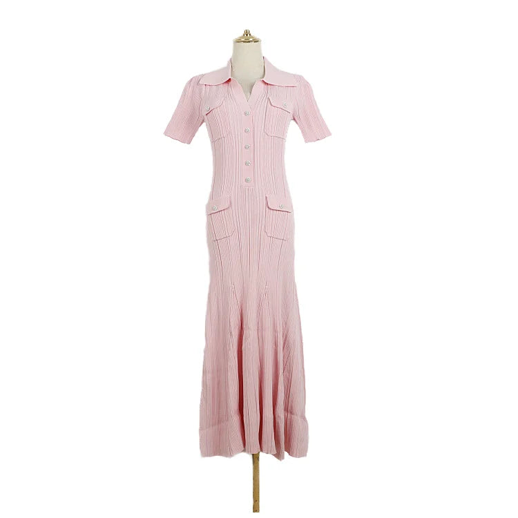 2025 New Arrival Ladies Elegant Maxi Knit Dress Women's Summer Butter Yellow Woolen Dress Pearls Button Simple Natural Short