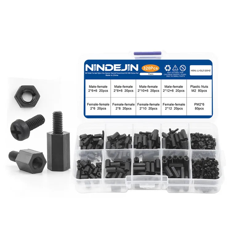 NINDEJIN 320PCS Nylon Male Female Hex Standoff Kit M2 M2.5 M3 M4 Insulation Spacer Set Model HSNL-LJ-GLZ