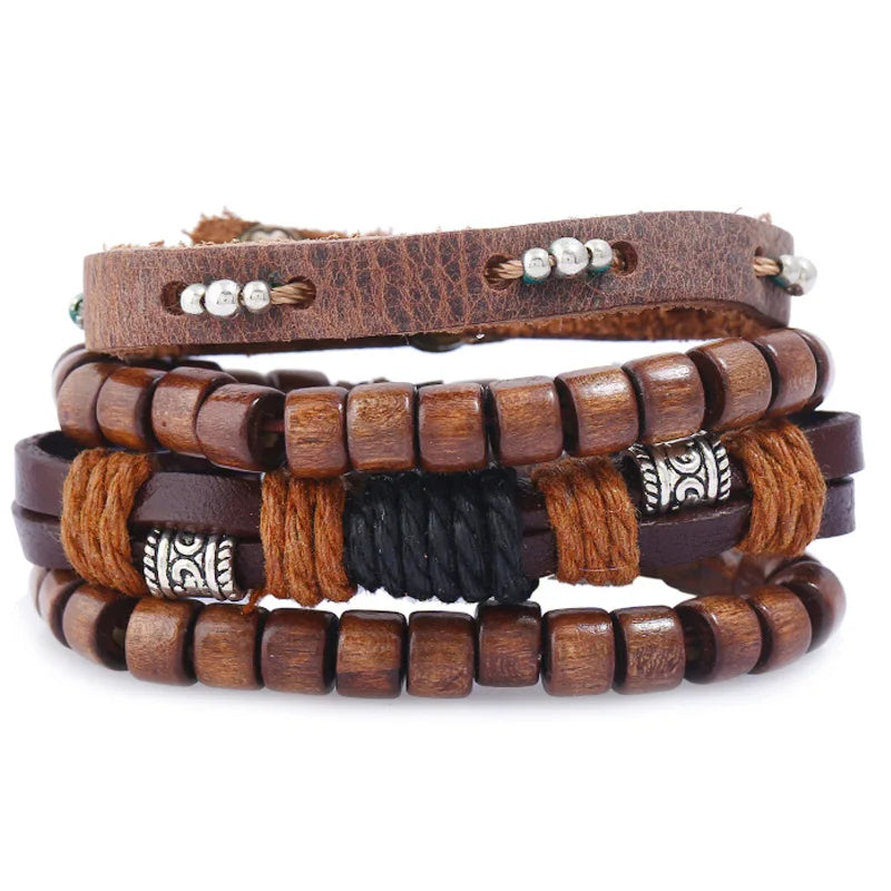 Wholesale 4-Pcs/set Genuine Leather Wood Beaded Bracelets Adjustable Size Multilayer Men's Jewelry Fashion Charm Bracelets