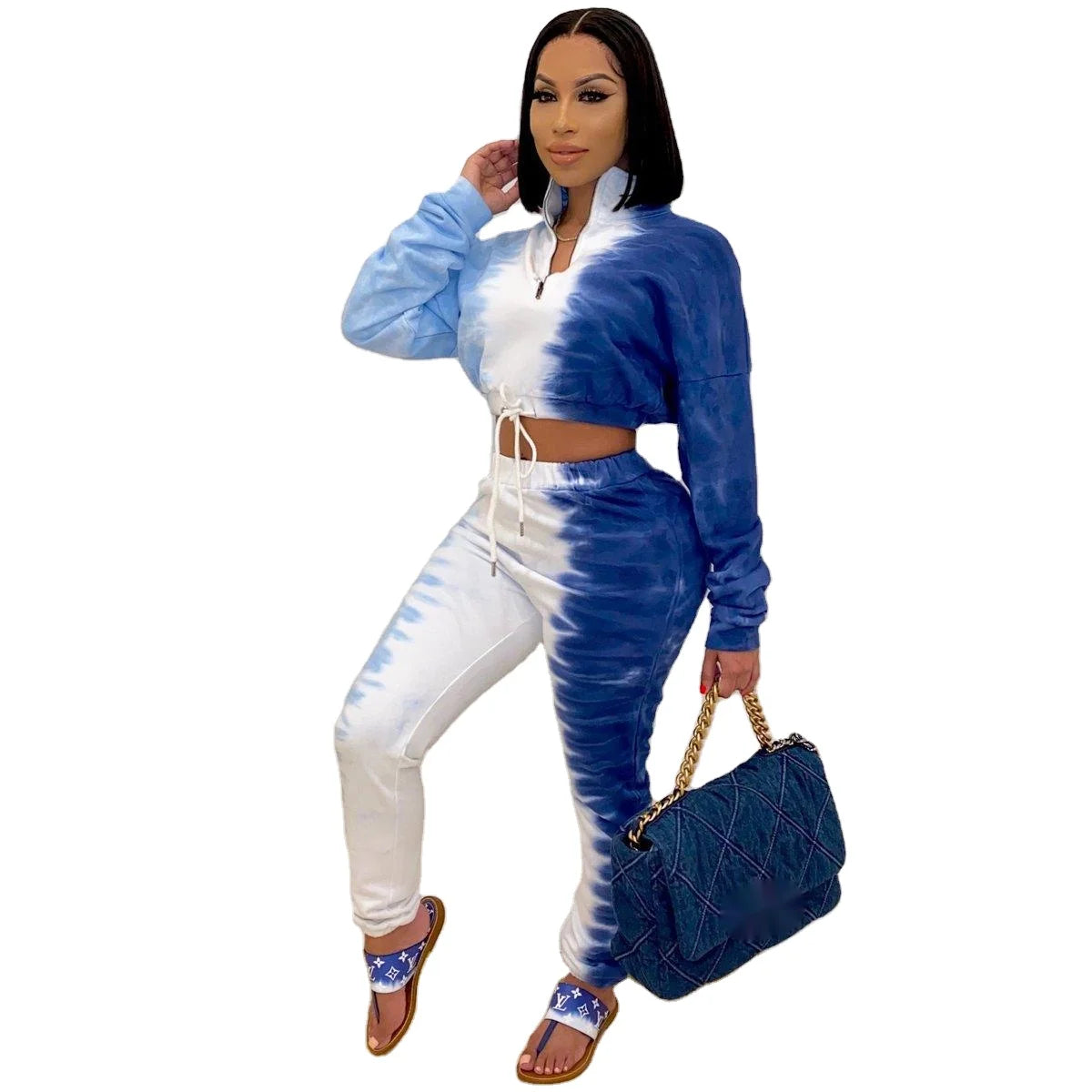 Y2K _ Tie Dye Printed Women's Sportswear Two-Piece Gradient Color Long Sleeve Drawstring Crop Top + Tie Dye Pants Set