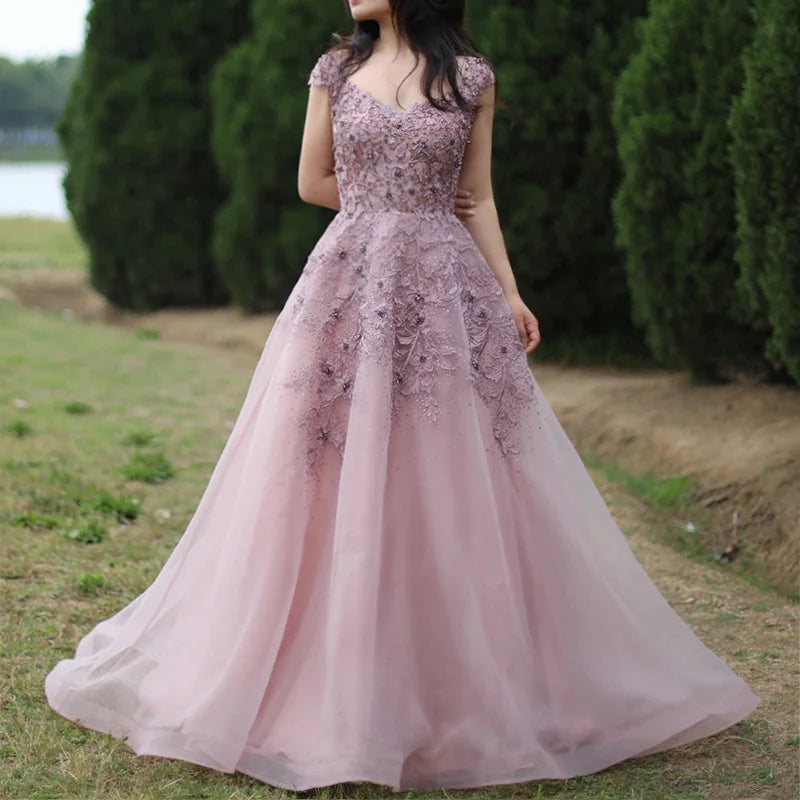 Ruolai ASA-SS35 Floral Pink Beading Appliques Evening Dresses Sweetheart Cap Sleeve Party Prom Gowns