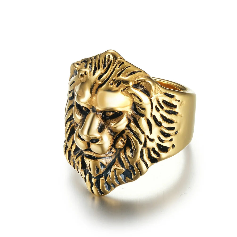 Vintage Domineering Lion Head Stainless Steel Gold Plated Men's Rings Grassland Lion King Men's Jewelry Wholesale