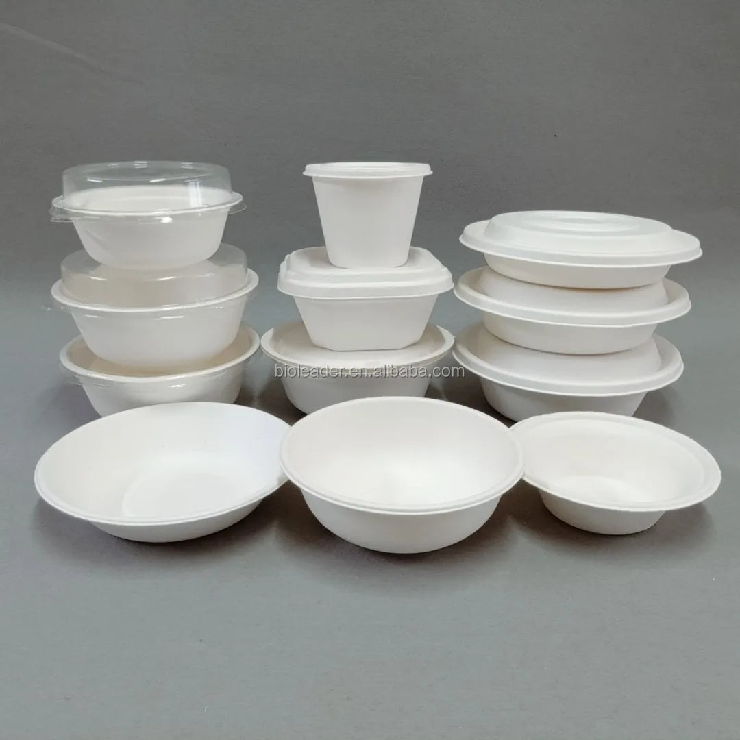 PFAS Free Biodegradable Disposable Sugarcane Bagasse Soup Salad Bowl with Lid for Party 8oz-32oz