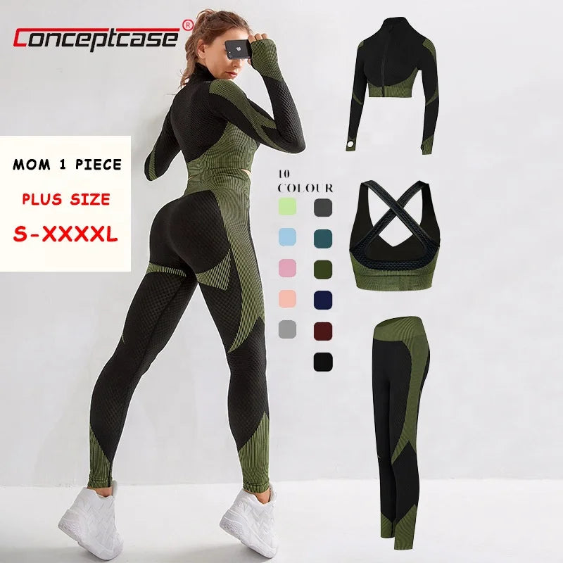 Ropa Deportiva Ladies Workout Clothing Gym Sports Seamless Fitness Yoga Active Wear 3 Piece Plus Size Women Yoga Set With Jacket