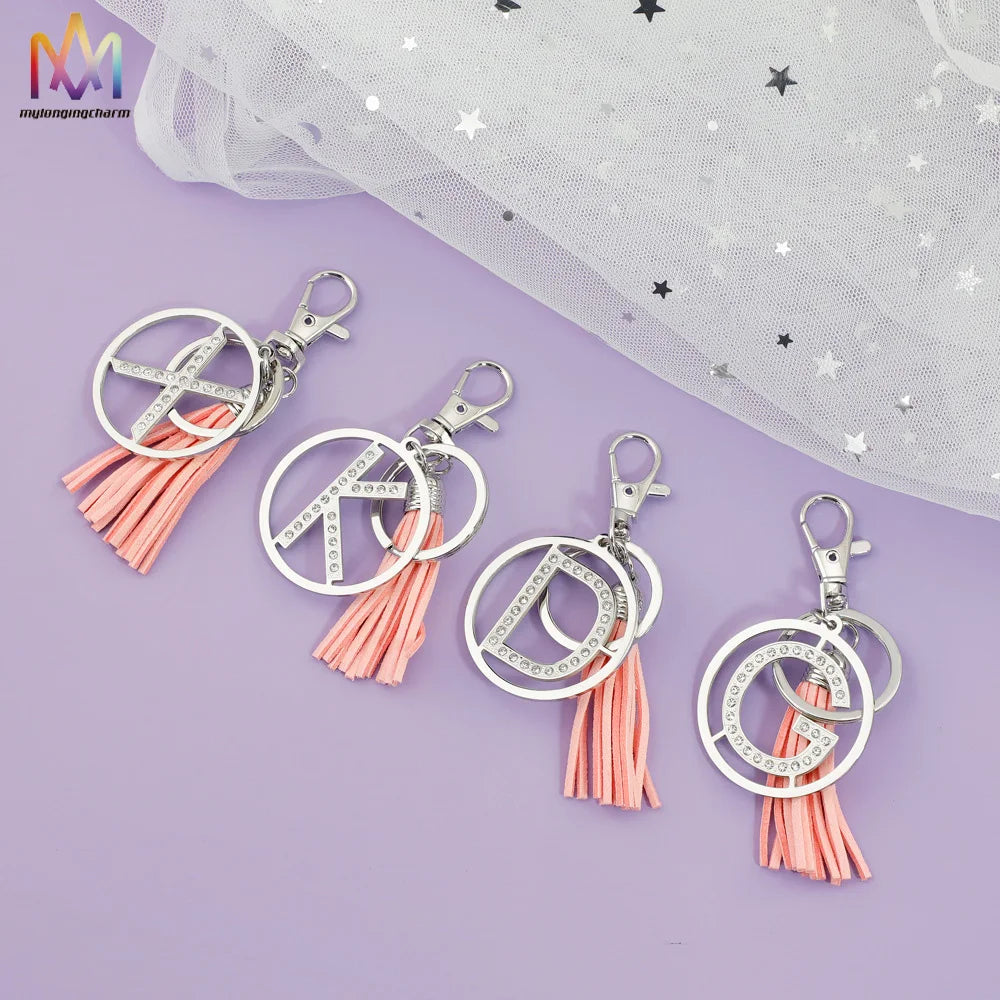 Wholesale 26 Alphabet Letter Keychain Stainless Steel with PU Leather Tassel Hollow out Design in Bulk
