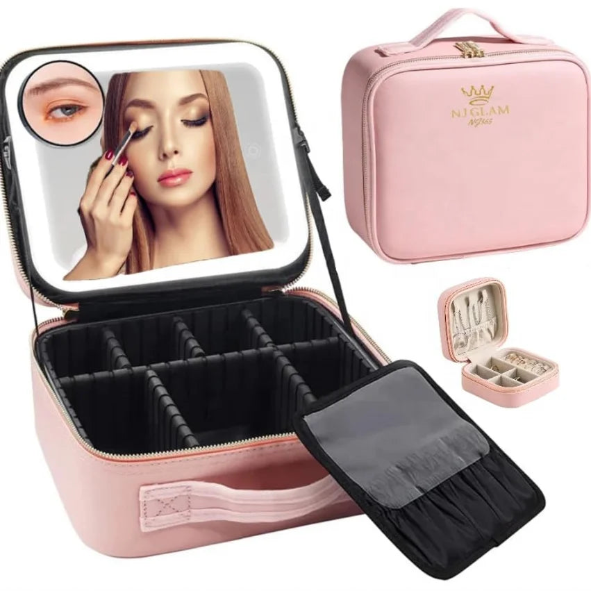 Travel Makeup Bag with Light up Mirror 4K Led Mirror RECHARGEABLE Makeup Bag with Mirror