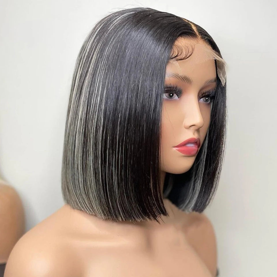 HOT Highlight Pepper and Salt Black and White Color New Bone Straight Bob Wig Virgin Human Hair HD Lace Closure Wigs
