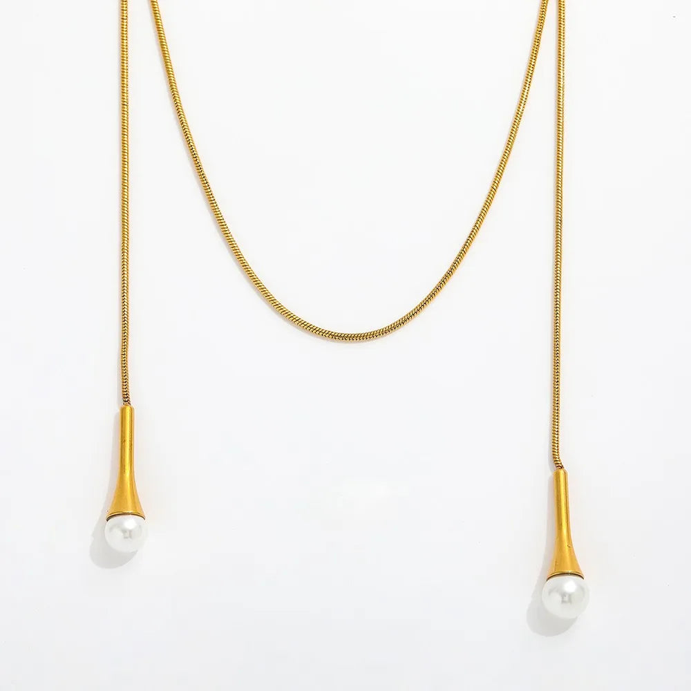 Joolim Snake Chain Overlength Fresh Water Pearl Tear Drop Stainless Steel Necklace Jewelry Wholesale