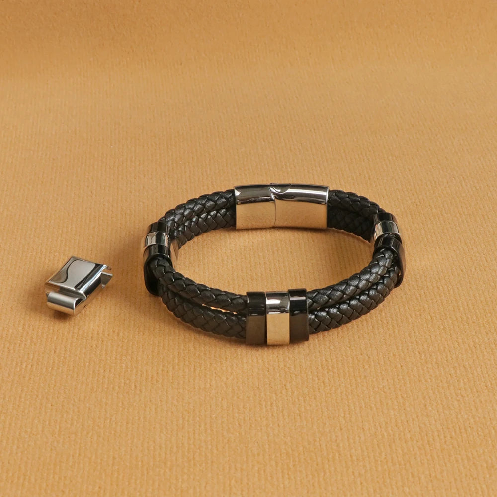 Customised Double Layered Black Leather Bracelet Extender Clasp Stylish Fashionable Gift for Dad Brother Boyfriend or Him